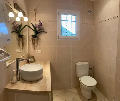 a bathroom with a toilet and a sink and a window at Maison récente entre mer et montagne in Figari