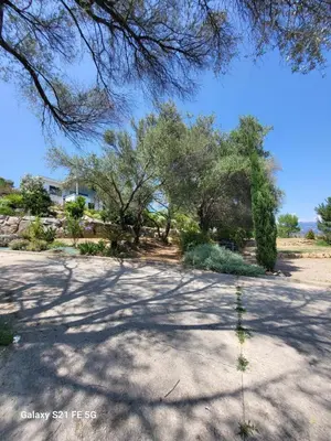 a parking lot with trees and a house in the background at Bas de villa aux portes d'Ajaccio in Alata