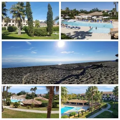 a collage of four pictures of a resort at Cozy 2-room beachfront Résidence Sognu Di Mare Casa Serenita in Linguizzetta