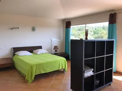 a bedroom with a green bed and a window at Villa ALETTI MJ piscine privée Porto Vecchio in Porto-Vecchio