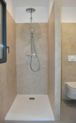 a shower in a bathroom with a toilet at Alivu bergerie Sotta hyper cosy in Sotta