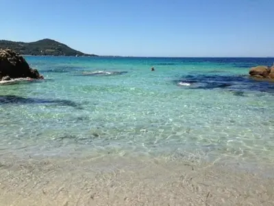 a beach with a group of people in the water at Maison plage a pied 6 personnes in Albitreccia