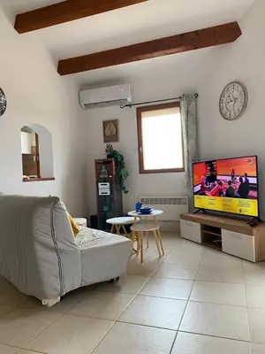 a living room with a couch and a flat screen tv at Maison plage a pied 6 personnes in Albitreccia