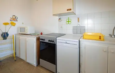 a small kitchen with a stove and a microwave at Appartement Calanches Piana in Piana