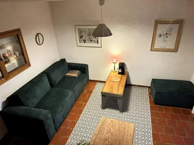 a living room with a green couch and a coffee table at Tana Torricella in Bonifacio