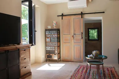 a living room with a tv and a wooden door at La Casuccia in Venzolasca