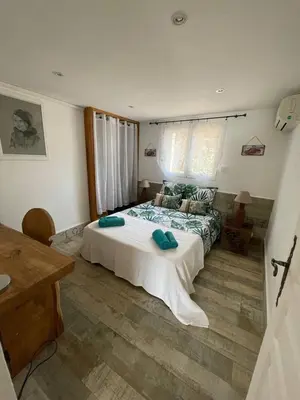 a bedroom with a large white bed with green pillows at Villa les pieds dans l'eau in Bonifacio