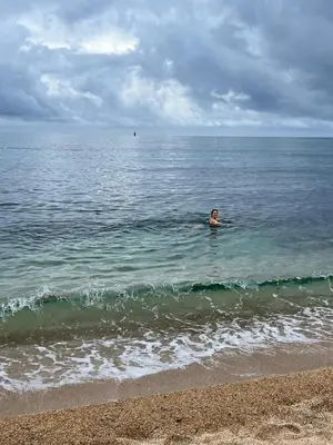 a man swimming in the ocean on the beach at Agapanthe location in San-Nicolao