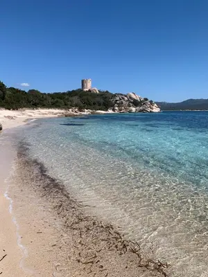 a sandy beach with a lighthouse in the distance at Chez Claudine & Adrien in Figari