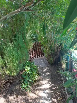 a garden path with a wooden fence and plants at Le Maquis in Alata