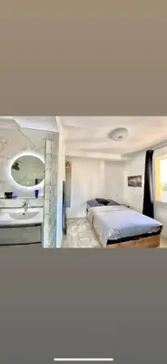 a bedroom with a bed and a sink at Appartement Ajaccio private parking in Ajaccio