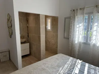 a bedroom with a shower and a bed and a sink at Villa in nature & heated pool - Figari in Figari