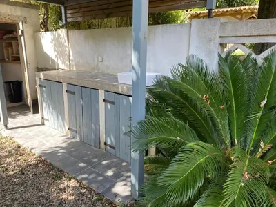 an outdoor bathroom with a sink and a palm tree at Au coeur de Sartène appartement de charme dans un écrin de verdure in Sartène