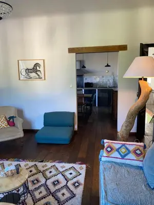 a living room with a blue couch and a kitchen at Au coeur de Sartène appartement de charme dans un écrin de verdure in Sartène