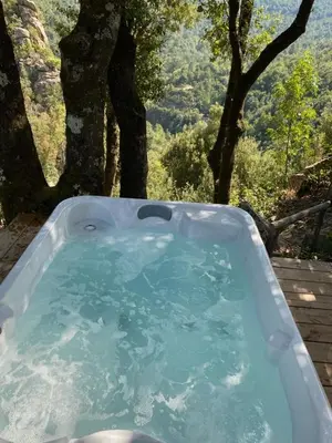 a tub filled with blue water with trees in the background at LA PAUSE - 3 villas avec Jacuzzi privatif à chisà in Chisa