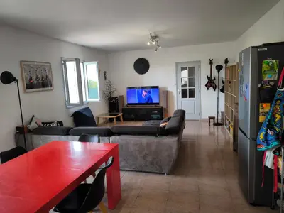 a living room with a couch and a tv at Sud Bastia 50 m2 privé avec jacuzzi et piscine in Monte