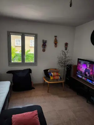 a living room with a couch and a flat screen tv at Sud Bastia 50 m2 privé avec jacuzzi et piscine in Monte
