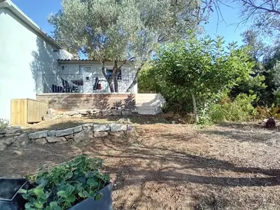 a yard with a house and a garden at La maison sous les oliviers Casa d'Iloa in Porto-Vecchio