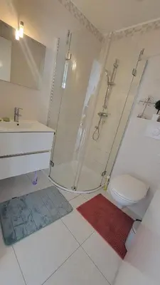 a bathroom with a shower and a toilet and a sink at Escape and comfort near Ajaccio, beautiful 2 bedroom terrace in Alata