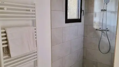 a bathroom with a shower with a glass door at Domaine de Gialla Bergerie I Pini, 6 pers, piscine chauffée, 10 mn plage in Arraggio