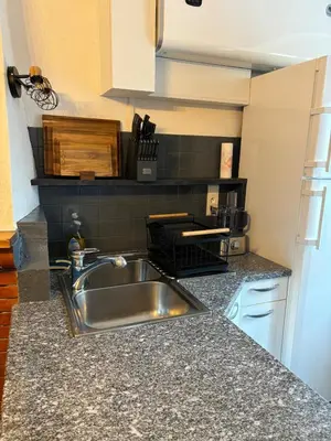 a kitchen counter with a stainless steel sink at Appartement Spacieux Vue Montagne- Parking gratuit- Proche ÎLE ROUSSE in Belgodère