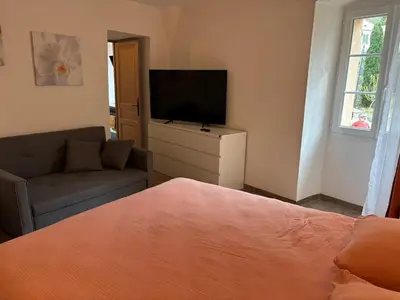 a bedroom with a bed and a tv and a couch at Appartement Spacieux Vue Montagne- Parking gratuit- Proche ÎLE ROUSSE in Belgodère