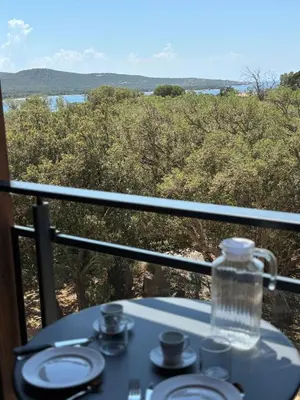 a table with plates and a water bottle on a balcony at Superbe T2 les pieds dans l'eau in Pianottoli-Caldarello