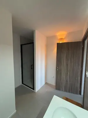 a bathroom with a sink and a sliding door at Superbe T2 les pieds dans l'eau in Pianottoli-Caldarello