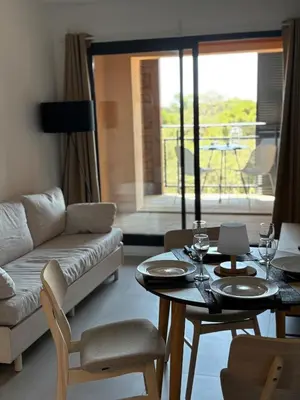 a living room with a couch and a table at Superbe T2 les pieds dans l'eau in Pianottoli-Caldarello