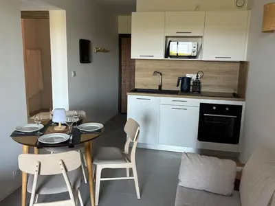 a kitchen with a table and chairs in a room at Superbe T2 les pieds dans l'eau in Pianottoli-Caldarello
