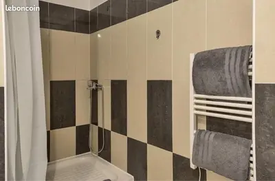 a bathroom with a shower with black and white tiles at Appartement Lucciana Corse plage à 2 minutes in Lucciana