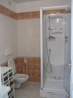 a bathroom with a shower and a toilet at APPARTEMENT 2 CHAMBRES PISCINE A PARATGEr in Porto-Vecchio