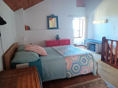 a bedroom with a bed and a table in a room at Entre mer et montagne in Valle-di-Campoloro