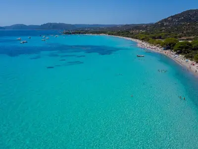 an aerial view of a beach with boats in the water at Chalet Caseddu D'Arasu by Interhome in Sainte-Lucie de Porto-Vecchio