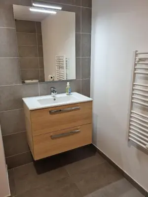 a bathroom with a sink and a mirror at Napoland Appartement T2 recent in Ajaccio