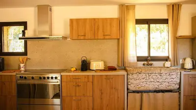 a kitchen with wooden cabinets and a stove top oven at Domaine de Gialla Bergerie Prugna, 6 pers, piscine chauffée, 10 mn plage in Arraggio