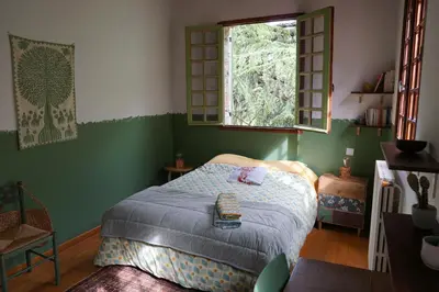 a green bedroom with a bed and a window at To a Book House in Corsica - chambres d'hôtes in Oletta