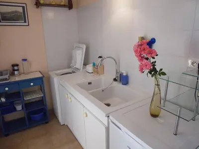 a kitchen with a sink and a vase with flowers in it at Bed and Breakfast in LʼArena