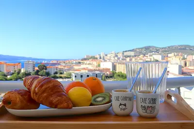 a plate of bread and fruit with two cups of coffee at Spacieux Appartement Vue Mer et Montagne en dernier étage avec Terrasse - Parking et Wifi in Ajaccio
