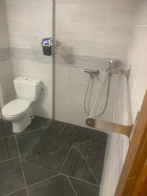 a bathroom with a toilet and a shower stall at A Teghja in Figari
