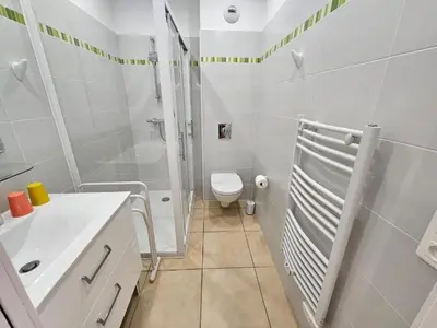a white bathroom with a shower and a toilet at Appartement Paolina Vue Mer Sari-Solenzara Corse in Sari Solenzara