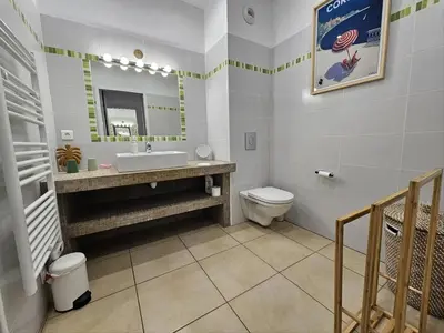 a bathroom with a sink and a toilet and a mirror at Appartement Paolina Vue Mer Sari-Solenzara Corse in Sari Solenzara
