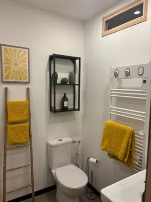 a bathroom with a toilet and a sink and yellow towels at Eden Studio in Ajaccio