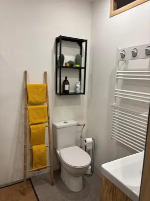 a bathroom with a toilet and a shelf on the wall at Eden Studio in Ajaccio