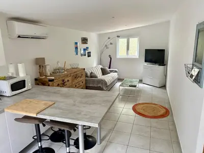 a kitchen and living room with a table and a couch at Appartement Porto-Vecchio in Porto-Vecchio