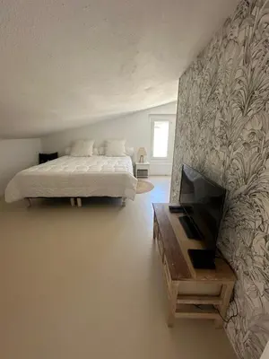 a white bedroom with a bed and a fireplace at La Villa des Sables Borgu in Borgo