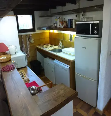 a small kitchen with a sink and a refrigerator at Villa Surleau in Zonza