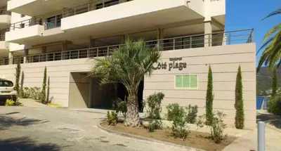 a building with a palm tree in front of it at propriano pieds dans l eau in Propriano