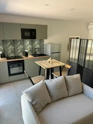 a living room with a couch and a kitchen at Le cocon de Malo in Lecci