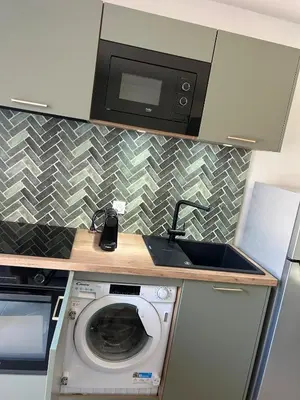 a kitchen with a washing machine and a microwave at Le cocon de Malo in Lecci